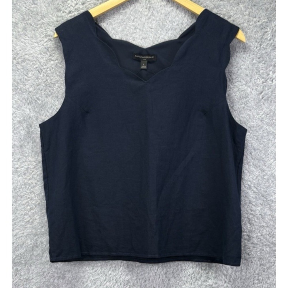 NEW Banana Republic Womens Large Navy Linen Cotton Sleeveless Scallop Neck Top